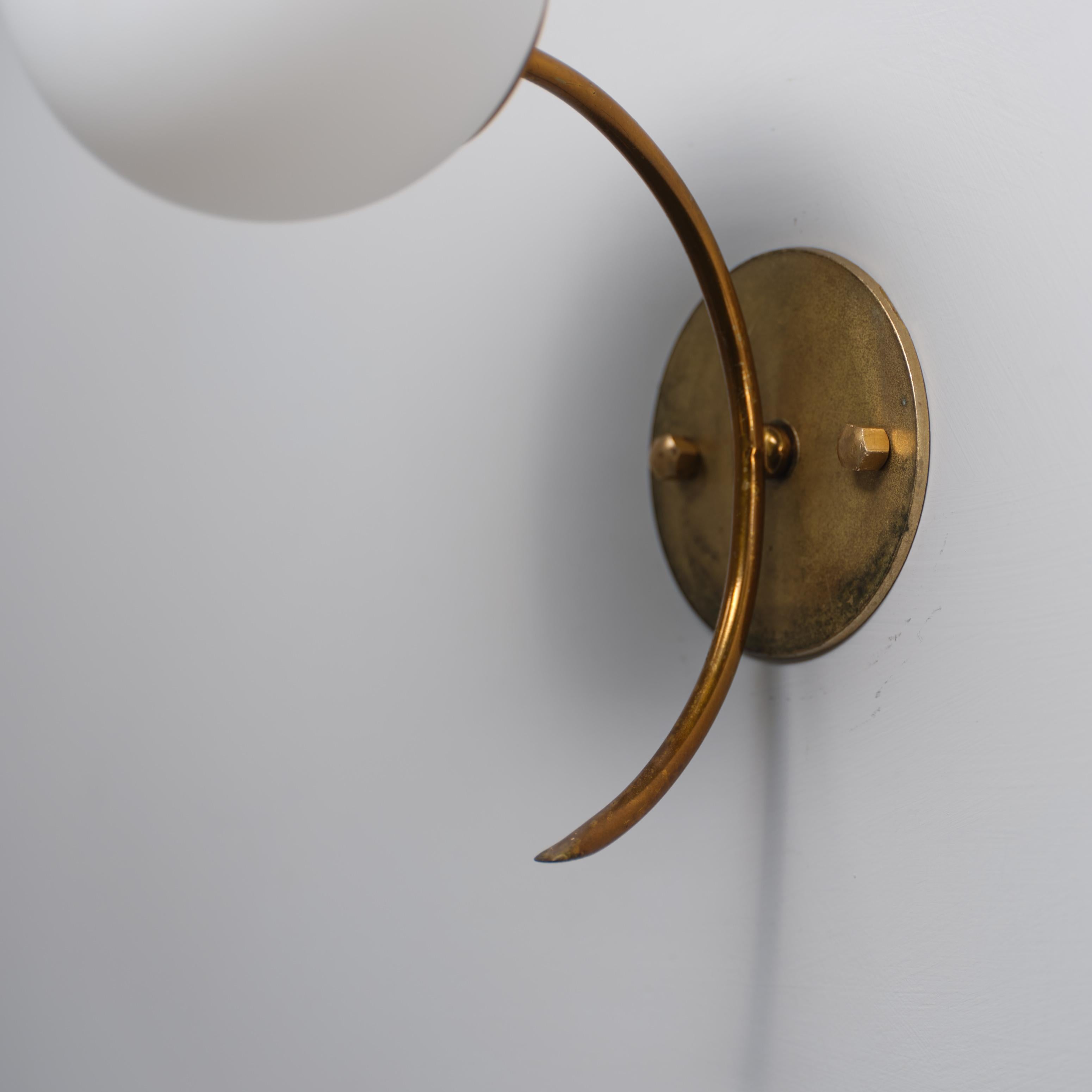 Pair of 1950s Italian Brass Sconces with Opaline Glass Globes For Sale 3