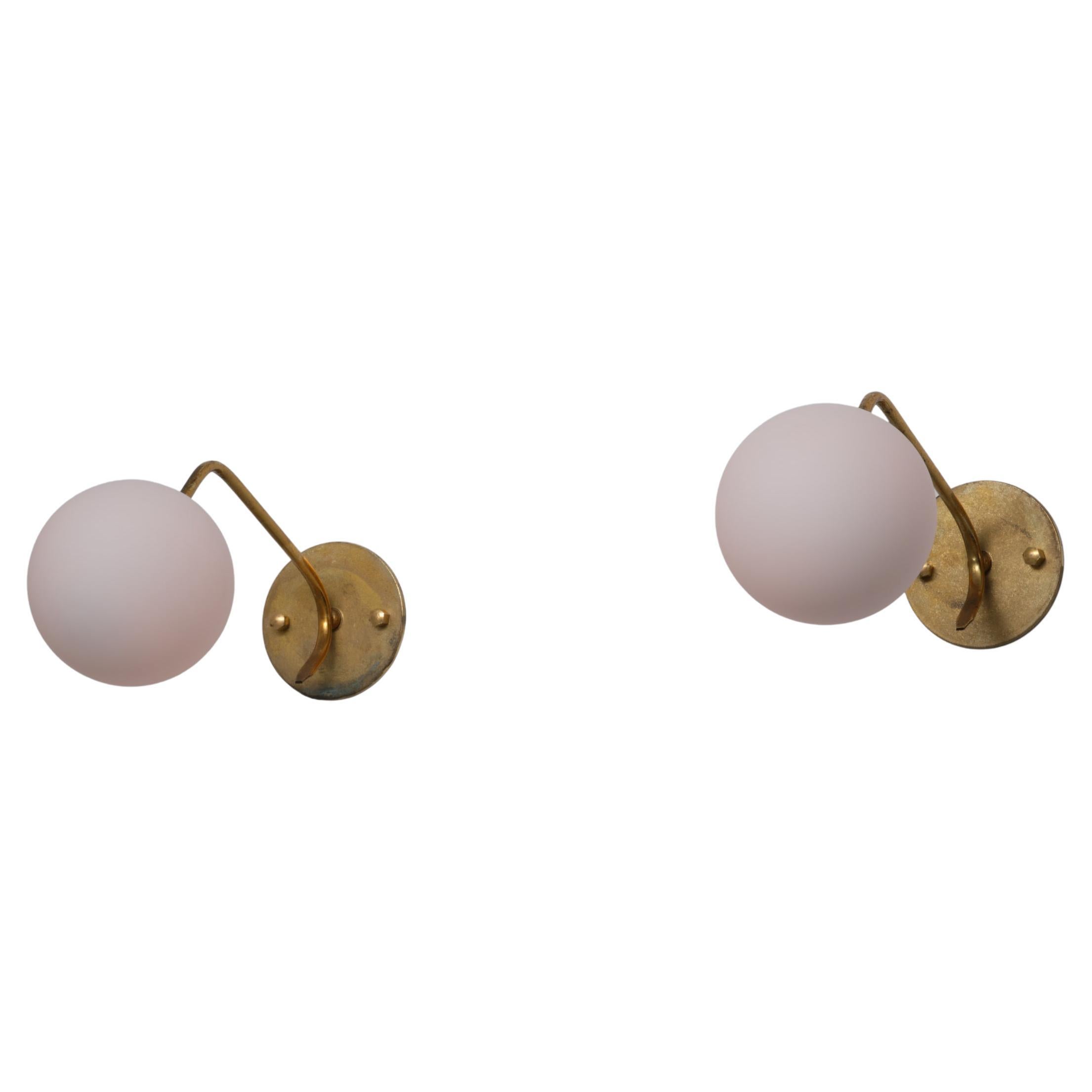 Pair of 1950s Italian Brass Sconces with Opaline Glass Globes