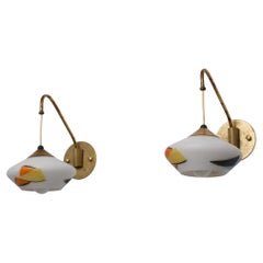 Pair of 1950s Italian Brass Sconces with Painted Opaline Glass Shades