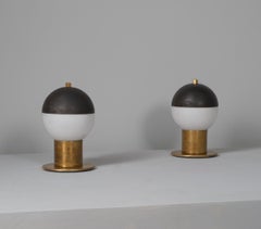 Pair of 1950s Italian Brass Table Lamps with Spherical Opaline Glass Shades