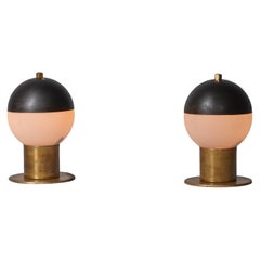 Pair of 1950s Italian Brass Table Lamps with Spherical Opaline Glass Shades