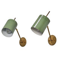 Vintage Pair of 1950s Italian Brass Wall Lamps with Green Lacquered Metal Shades