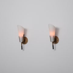 Pair of 1950s Italian Brass Wall Sconces with Opaline Glass Cone Shades