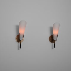 Pair of 1950s Italian Brass Wall Sconces with Opaline Glass Cone Shades