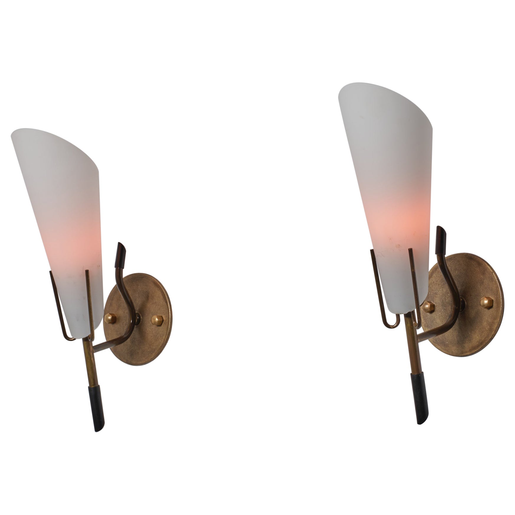 Pair of 1950s Italian Brass Wall Sconces with Opaline Glass Cone Shades