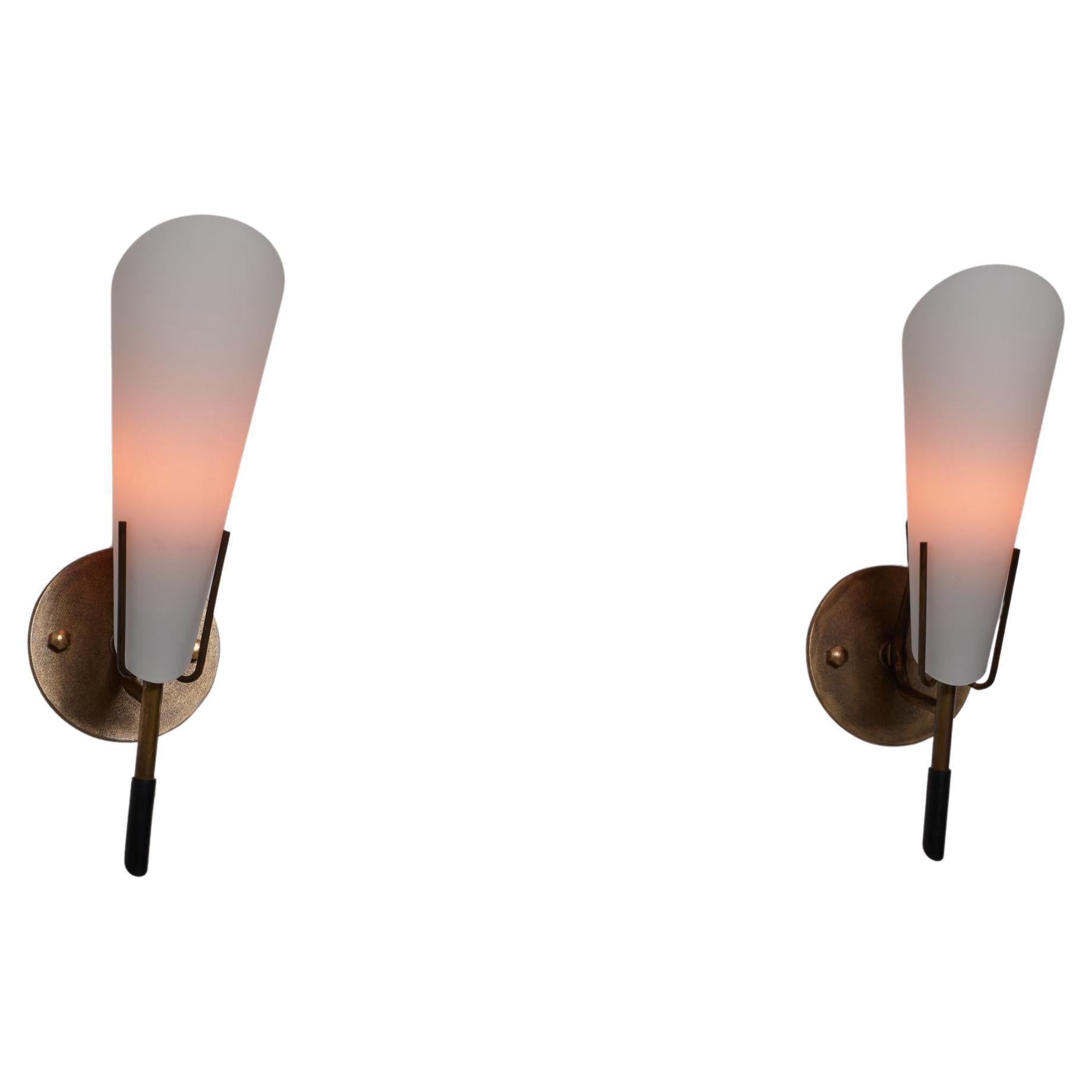 Pair of 1950s Italian Brass Wall Sconces with Opaline Glass Cone Shades