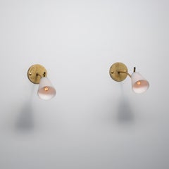 Pair of 1950s Italian Brass Wall Sconces with Opaline Glass Conical Shades