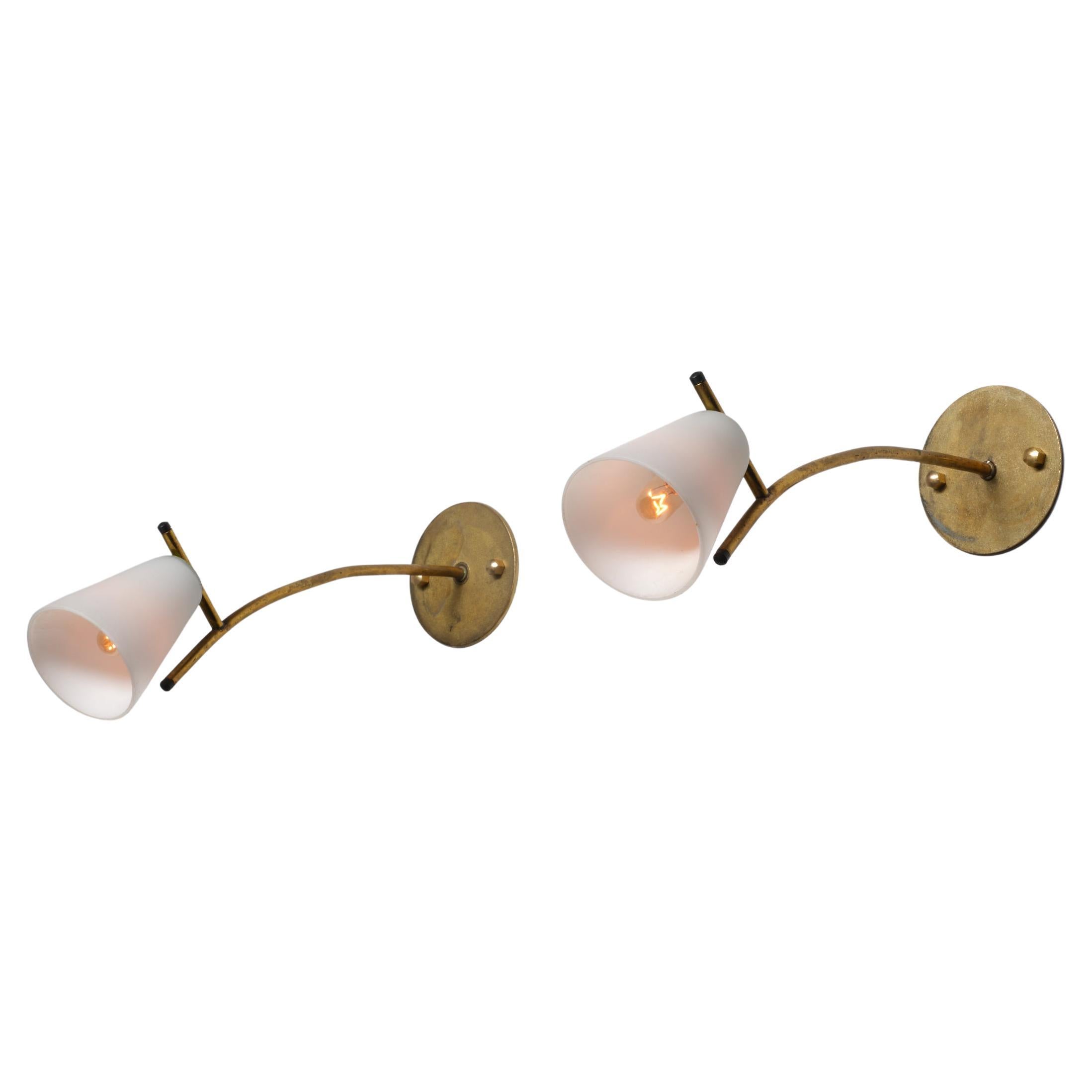Pair of 1950s Italian Brass Wall Sconces with Opaline Glass Conical Shades