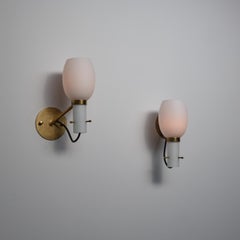 Pair of 1950s Italian Brass Wall Sconces with Opaline Glass Shades