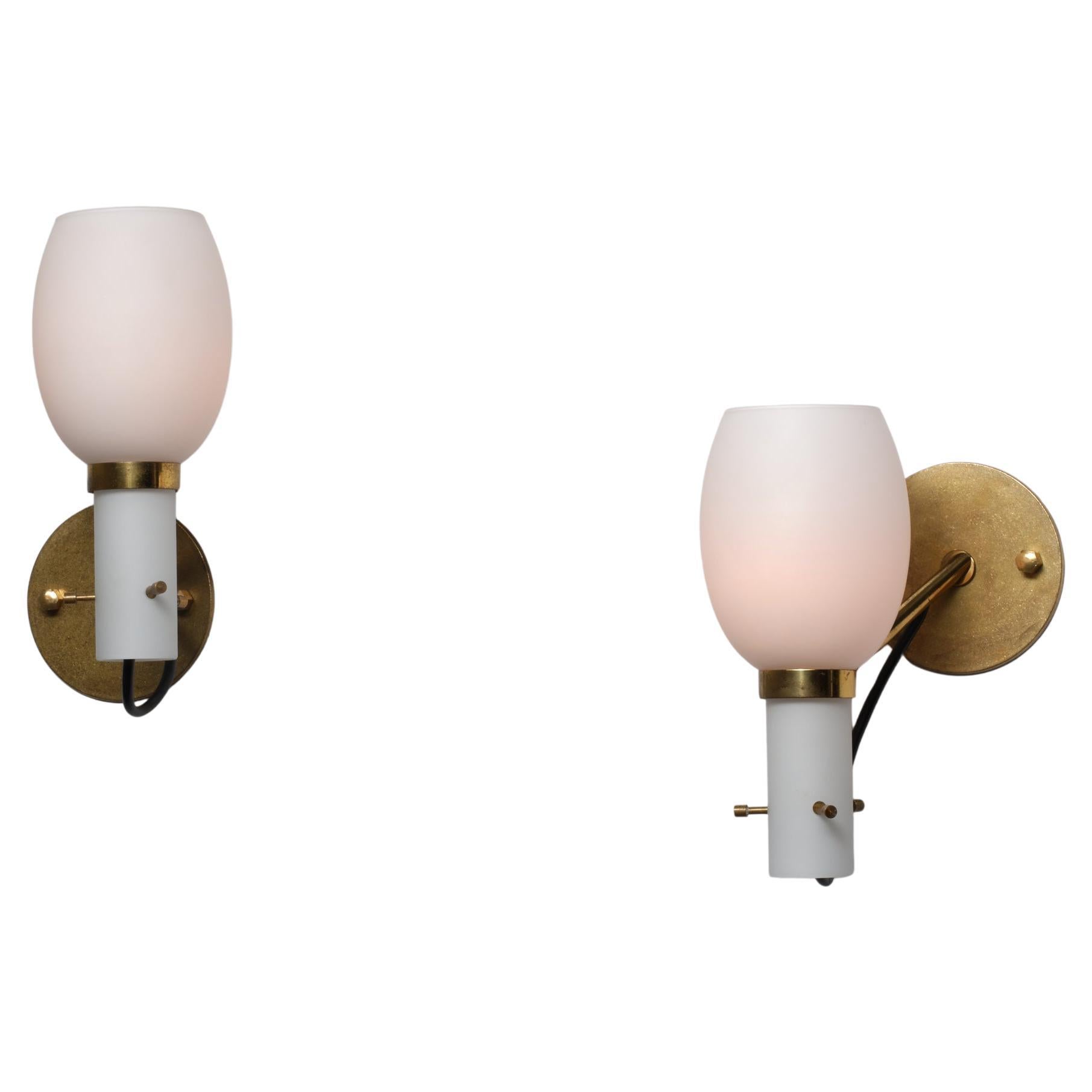 Pair of 1950s Italian Brass Wall Sconces with Opaline Glass Shades