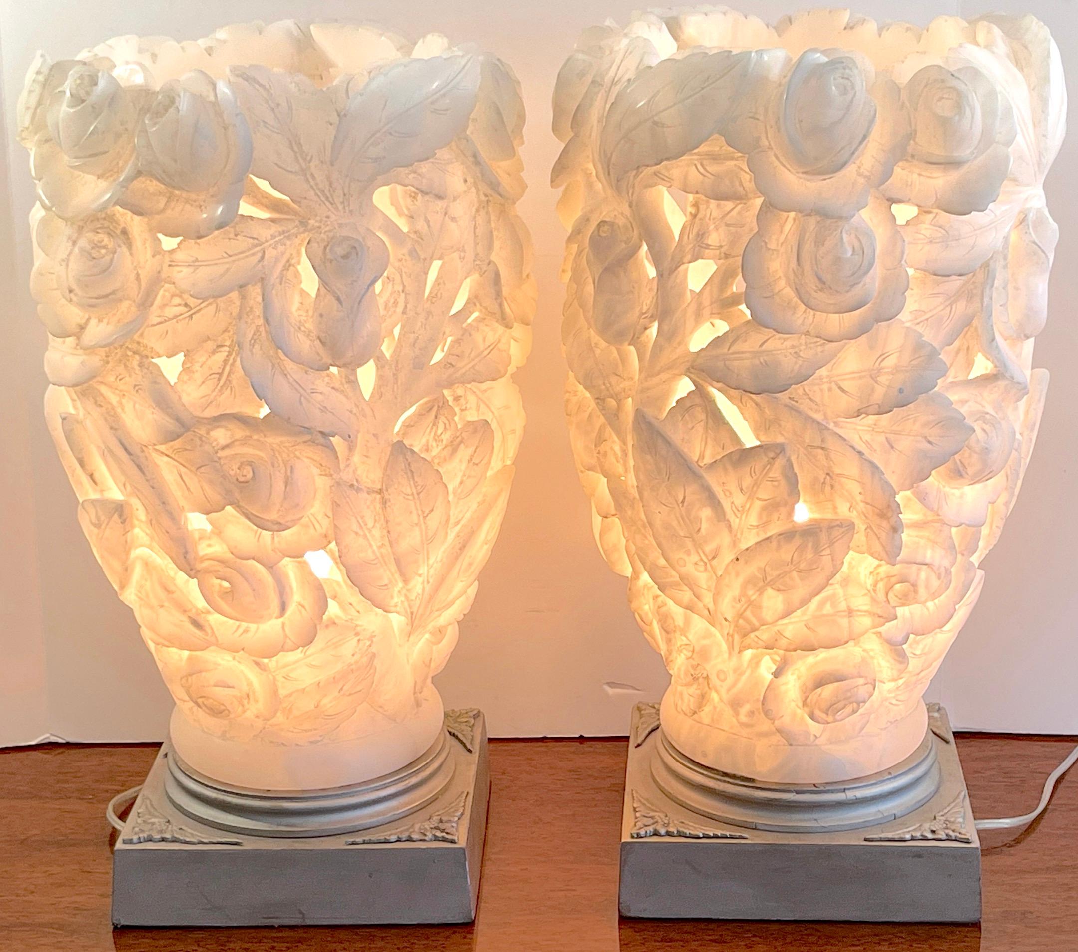 Pair of 1950s Italian Carved Alabaster Rose Motif Torchere Lamps 7