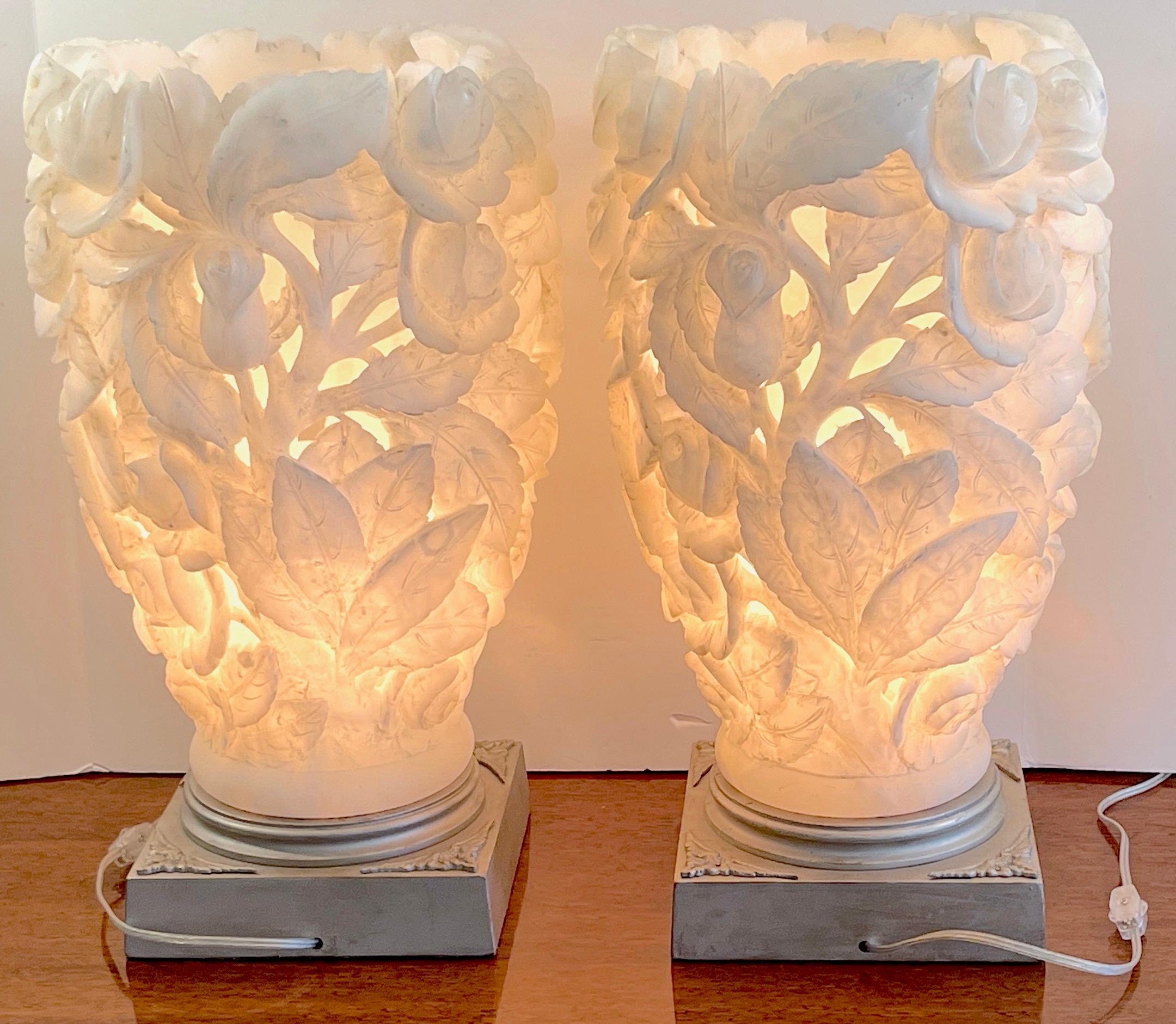 Pair of 1950s Italian Carved Alabaster Rose Motif Torchere Lamps 8