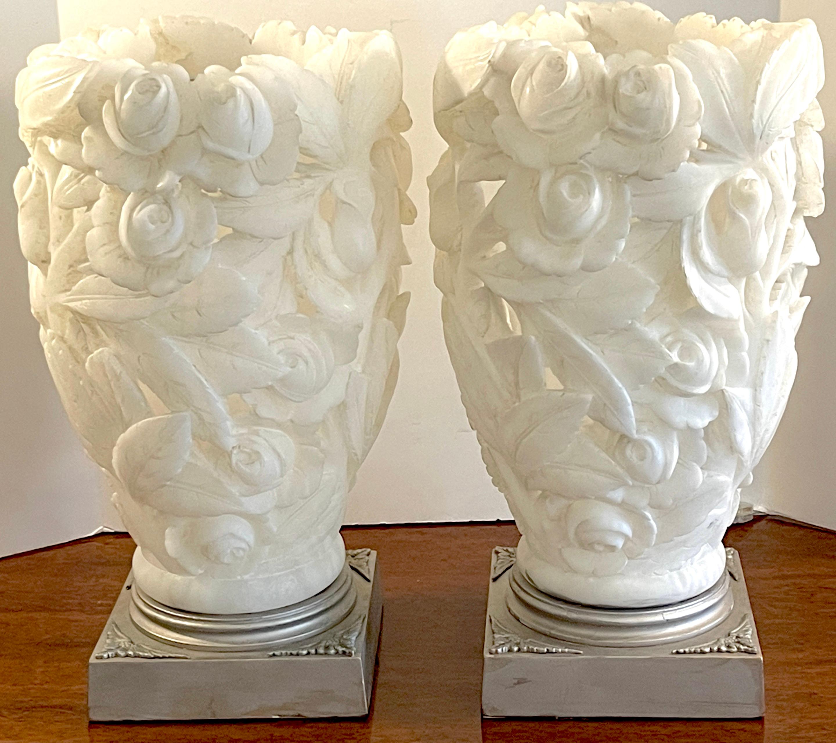 Hand-Carved Pair of 1950s Italian Carved Alabaster Rose Motif Torchere Lamps