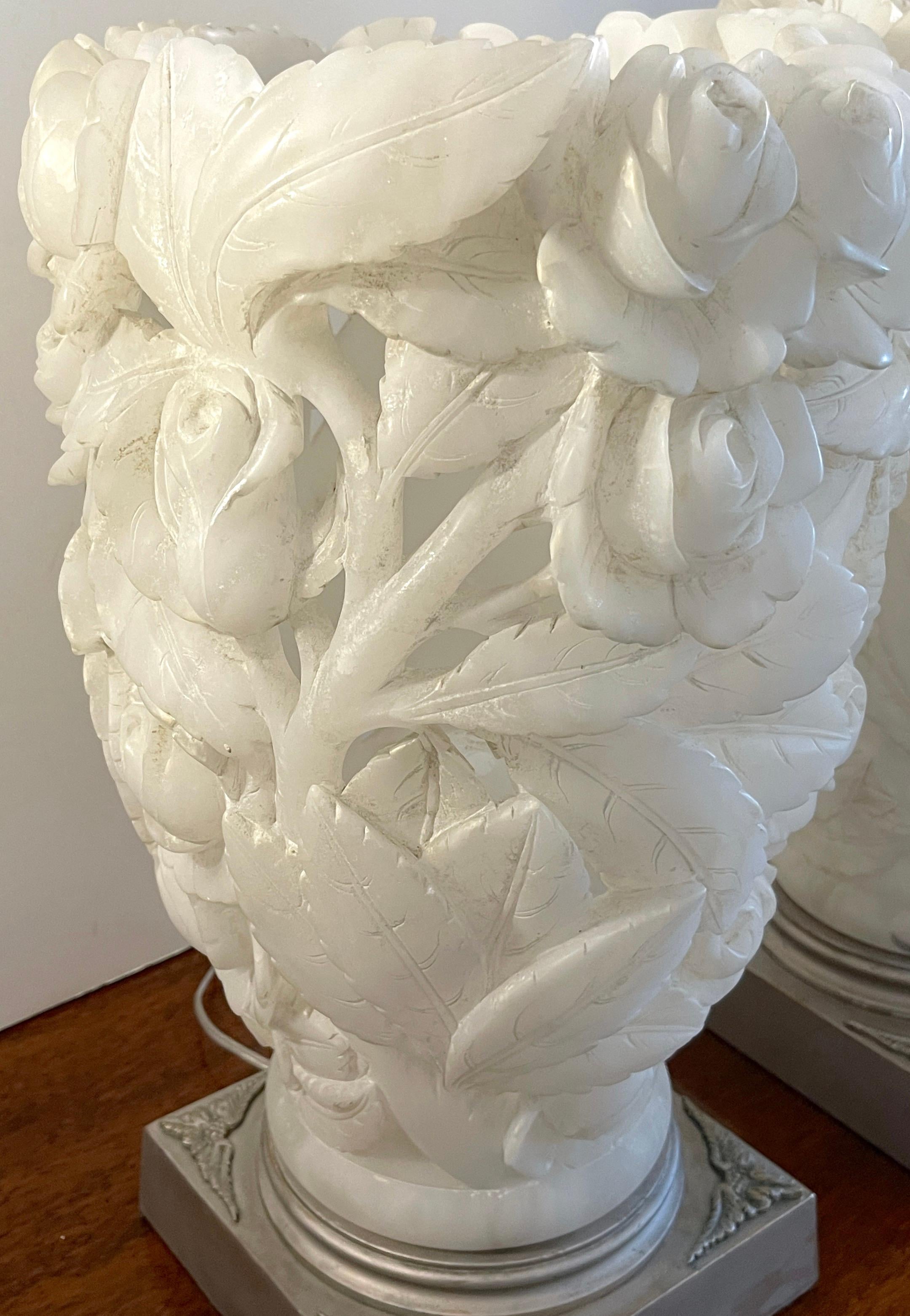 Pair of 1950s Italian Carved Alabaster Rose Motif Torchere Lamps In Good Condition In West Palm Beach, FL