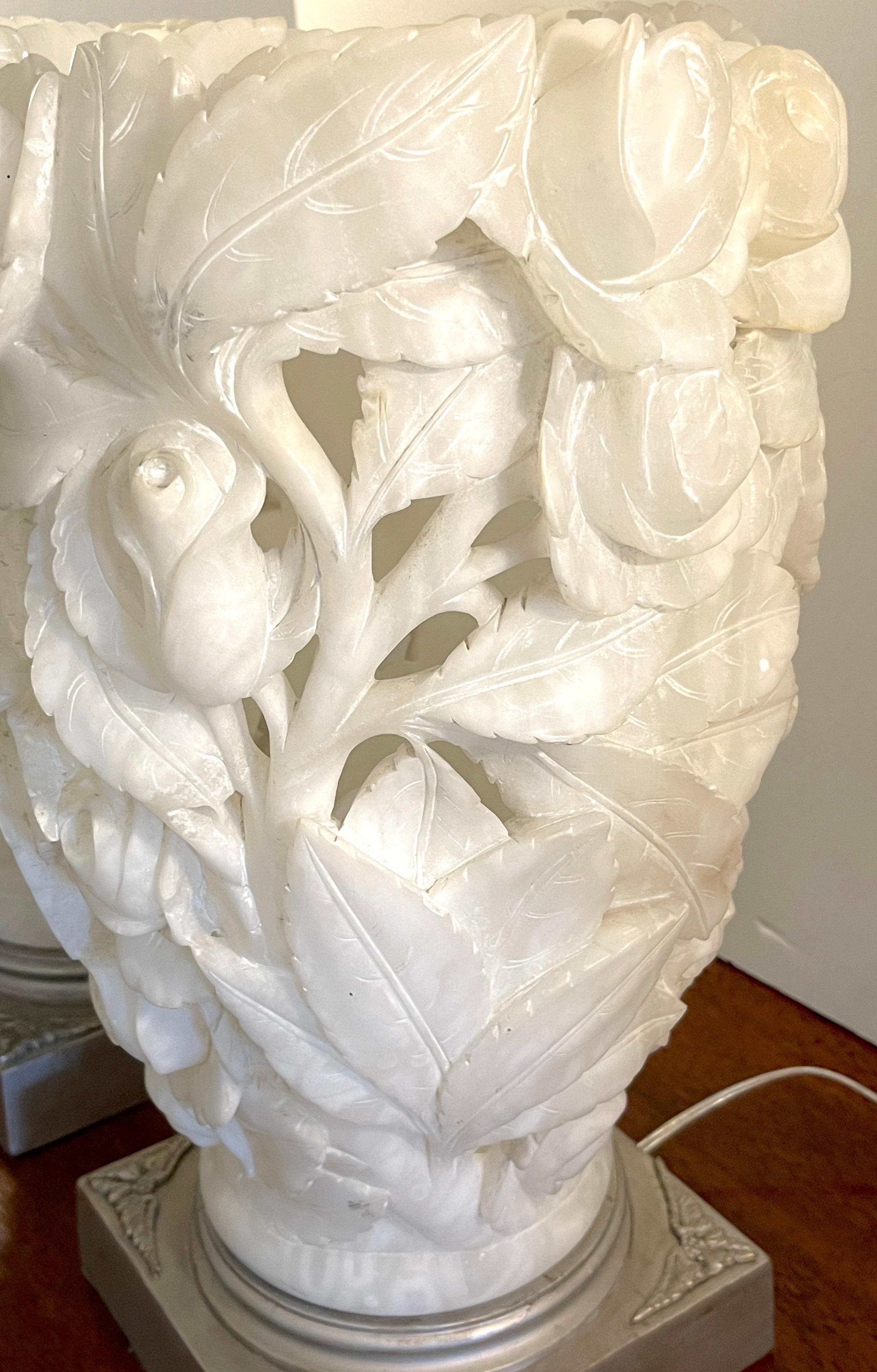 20th Century Pair of 1950s Italian Carved Alabaster Rose Motif Torchere Lamps