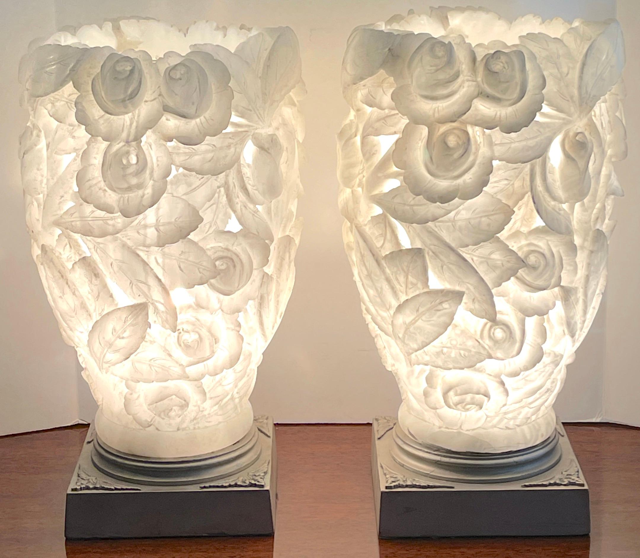 Pair of 1950s Italian Carved Alabaster Rose Motif Torchere Lamps 3