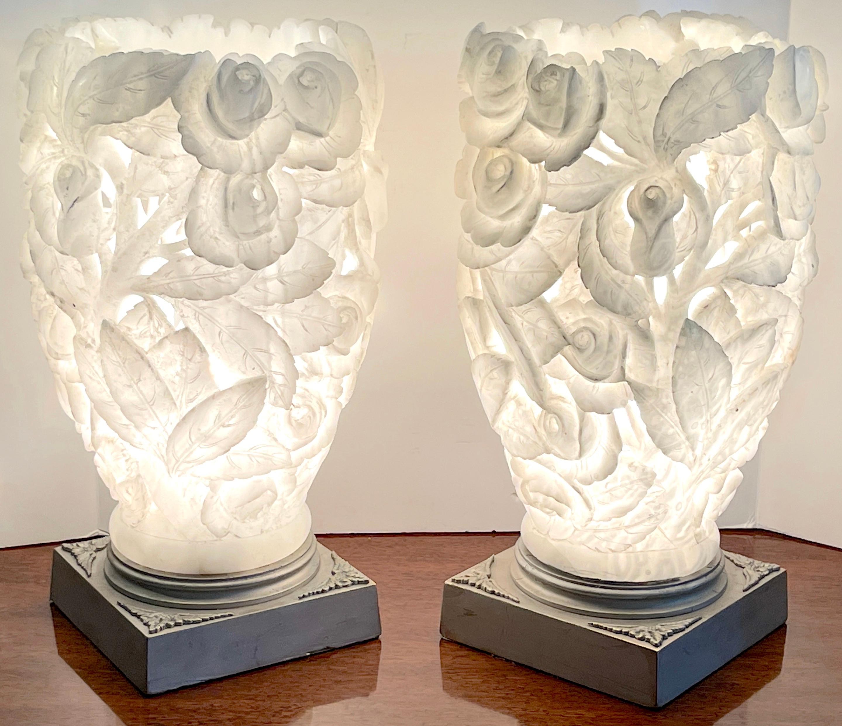 Pair of 1950s Italian Carved Alabaster Rose Motif Torchere Lamps 4