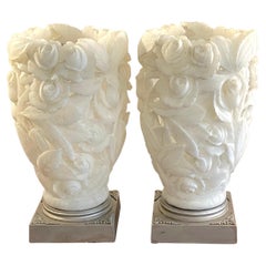 Pair of 1950s Italian Carved Alabaster Rose Motif Torchere Lamps