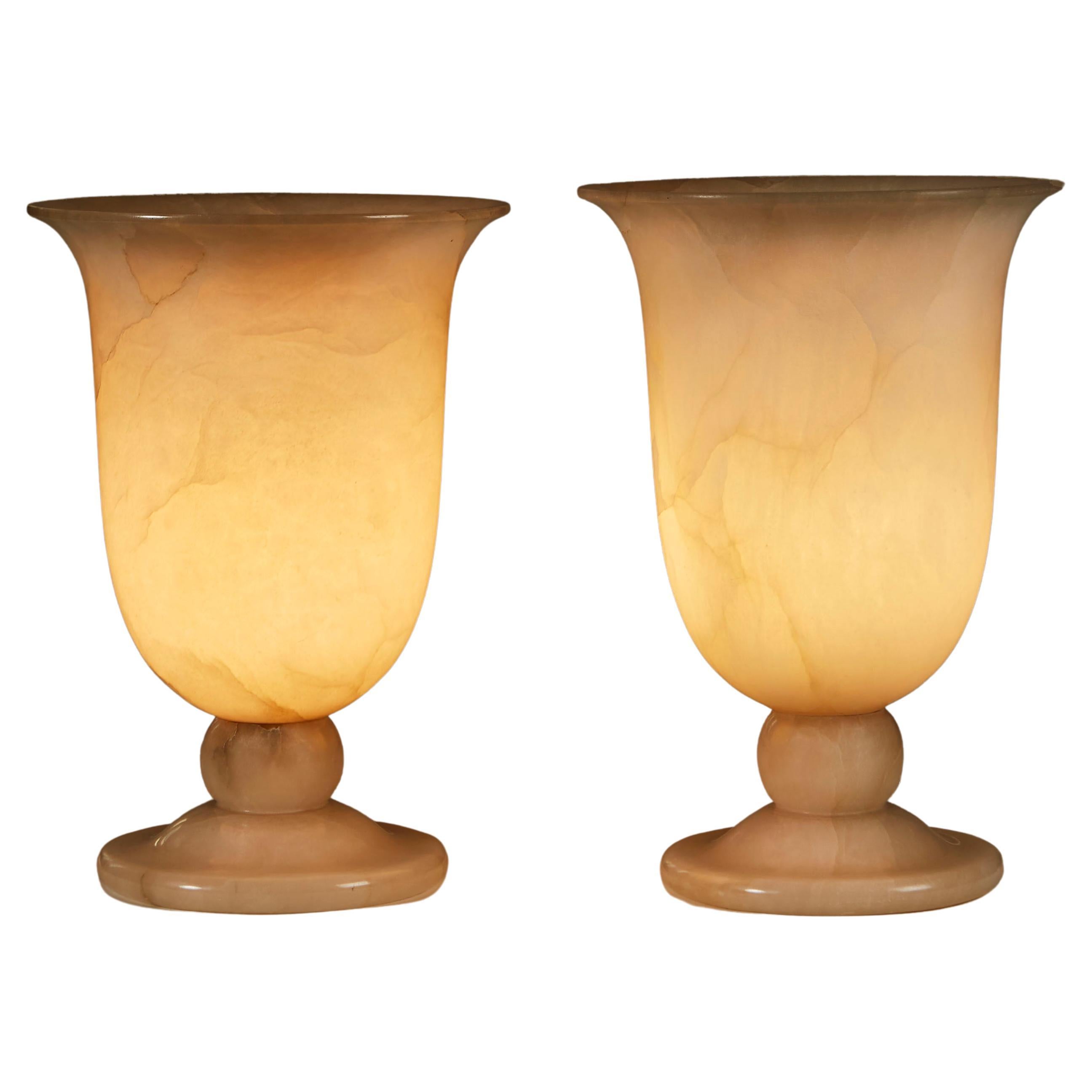 Pair of 1950s Italian carved alabaster urn lamps