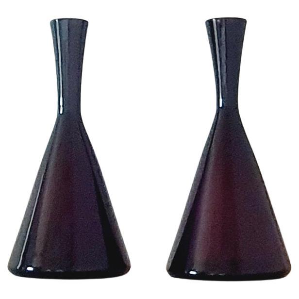Pair of 1950s Italian Cranberry Coloured Empoli Hand-Blown Glass Bottles