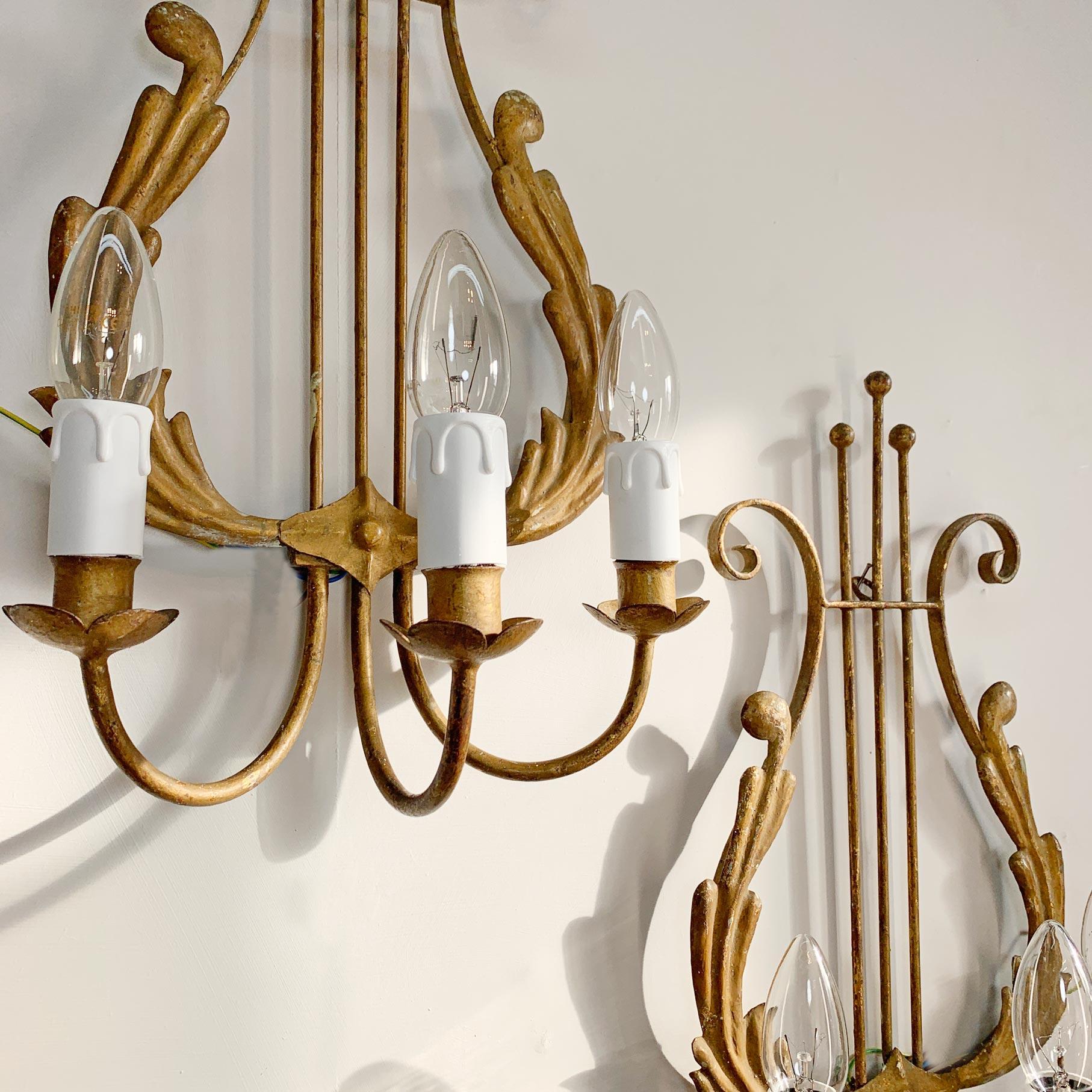 Mid-20th Century Pair of 1950's Italian Gilt Lyre Wall Lights For Sale
