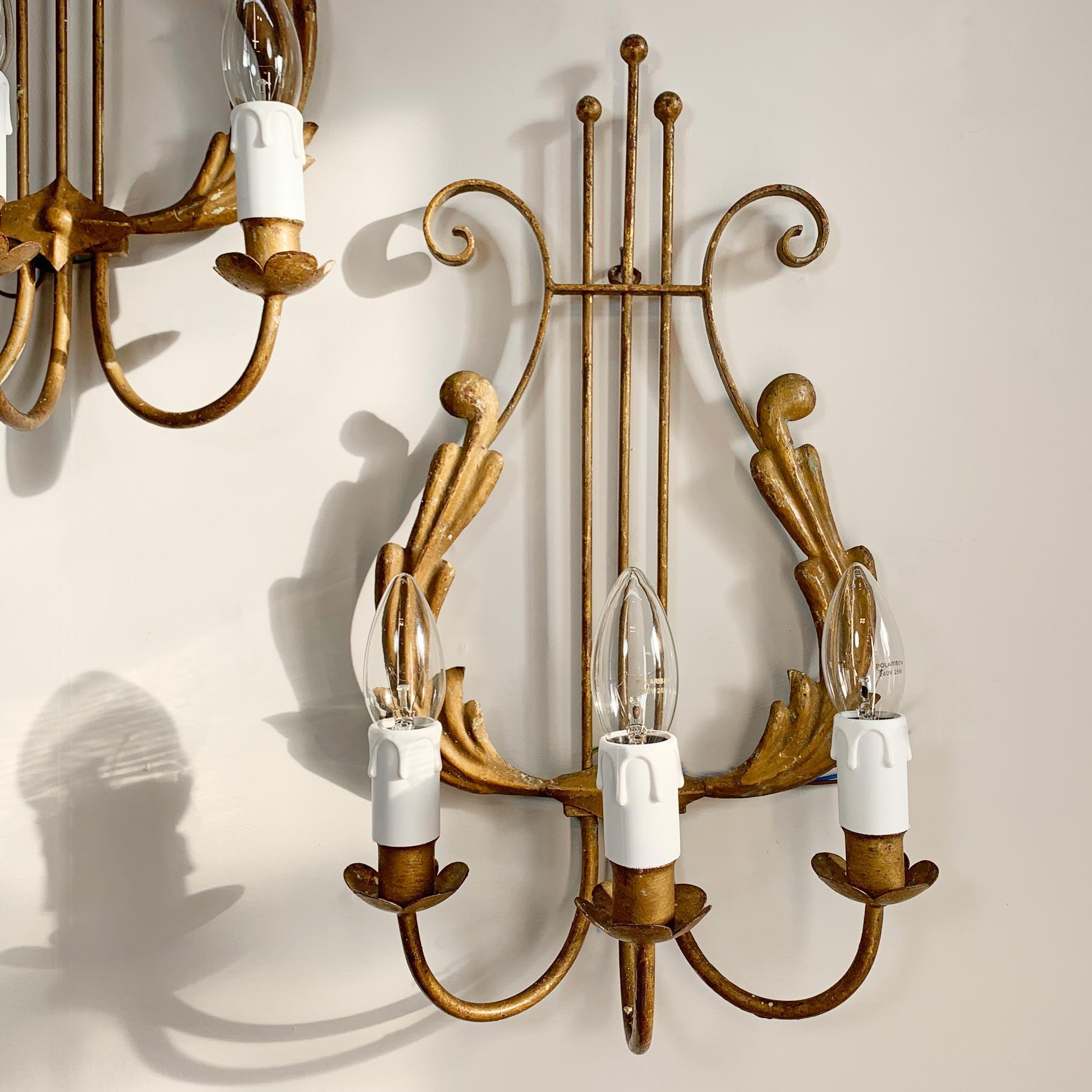 Pair of 1950's Italian Gilt Lyre Wall Lights For Sale 2