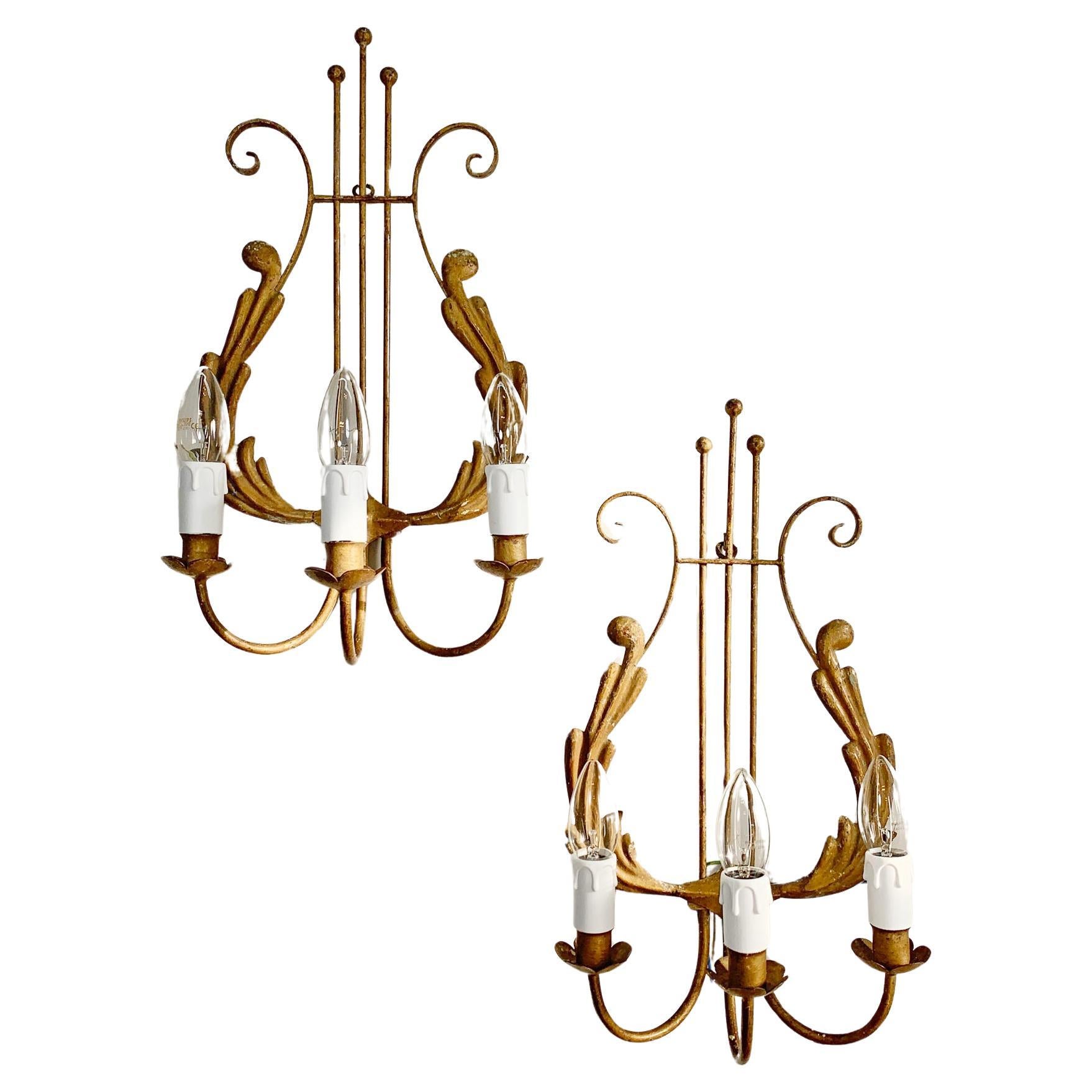 Pair of 1950's Italian Gilt Lyre Wall Lights For Sale