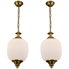 Pair of 1950s Italian Glass and Brass Pendants