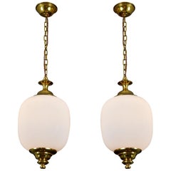 Pair of 1950s Italian Glass and Brass Pendants