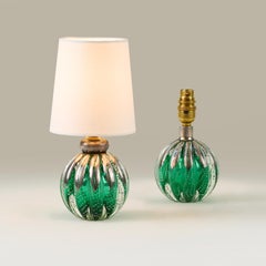 Pair of 1950s Italian green/silver Murano glass bullicante ball lamps by Seguso