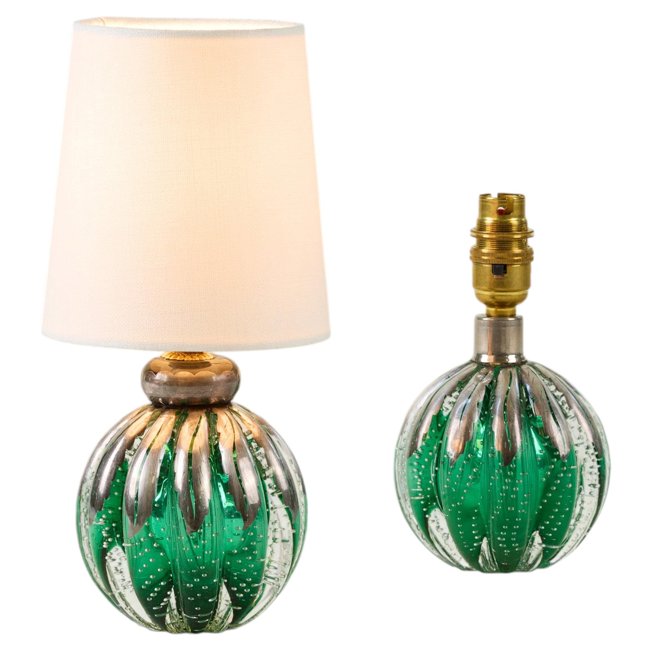 Pair of 1950s Italian green/silver Murano glass bullicante ball lamps by Seguso For Sale
