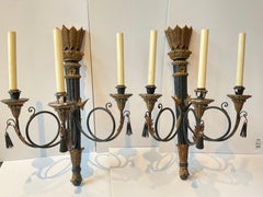 Pair of 1950s Italian Hand Carved Wood Classical Arrow Sconces