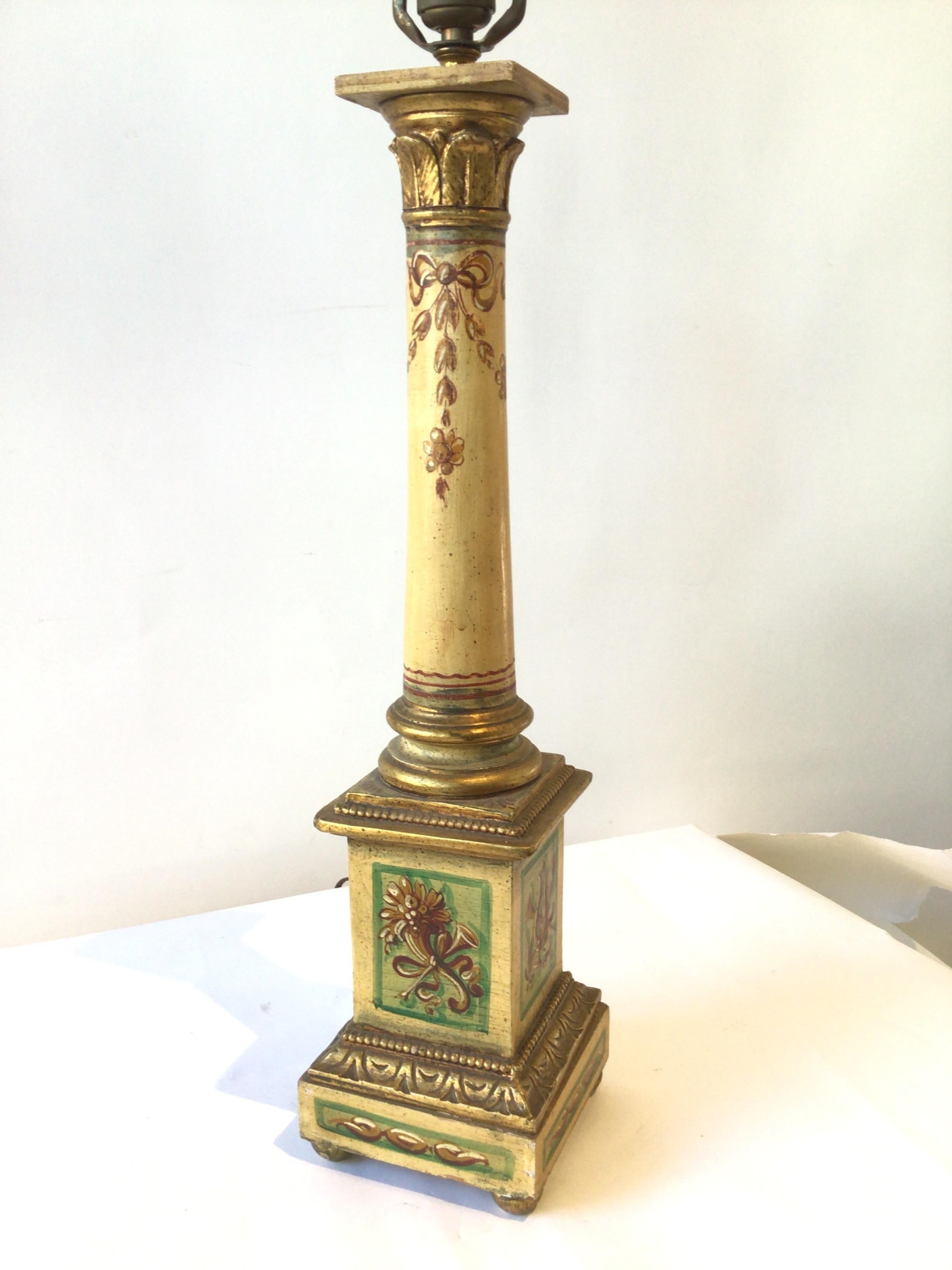 Pair of 1950s Italian Hand Painted Column Lamps In Good Condition For Sale In Tarrytown, NY