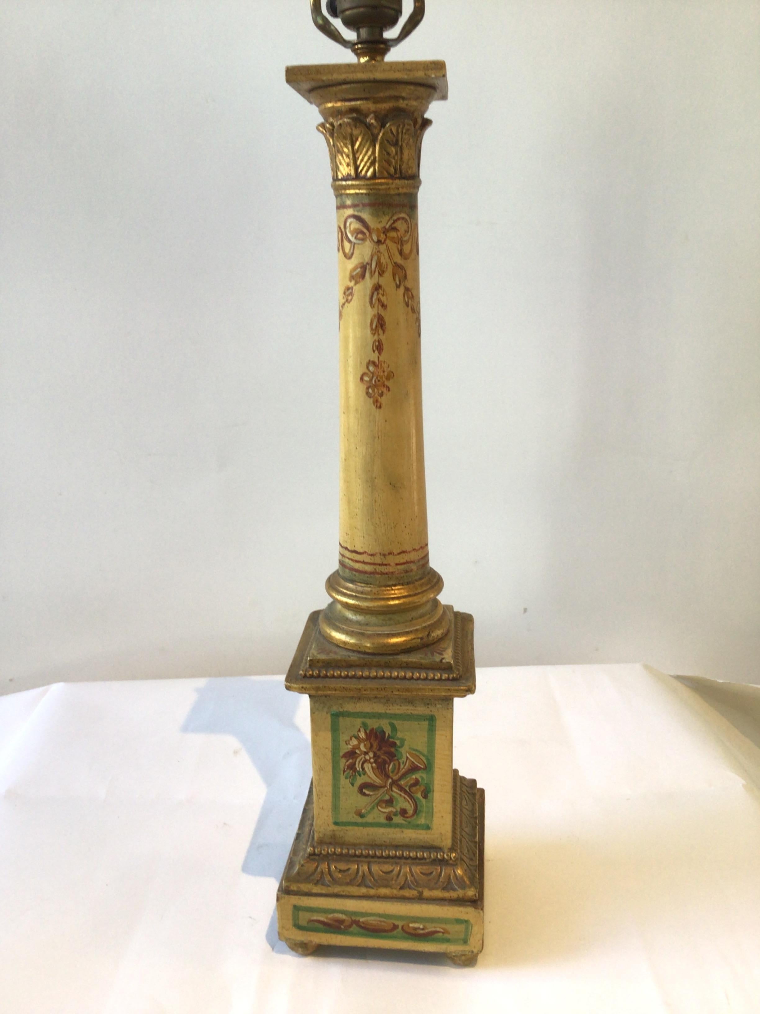 Pair of 1950s Italian Hand Painted Column Lamps For Sale 1