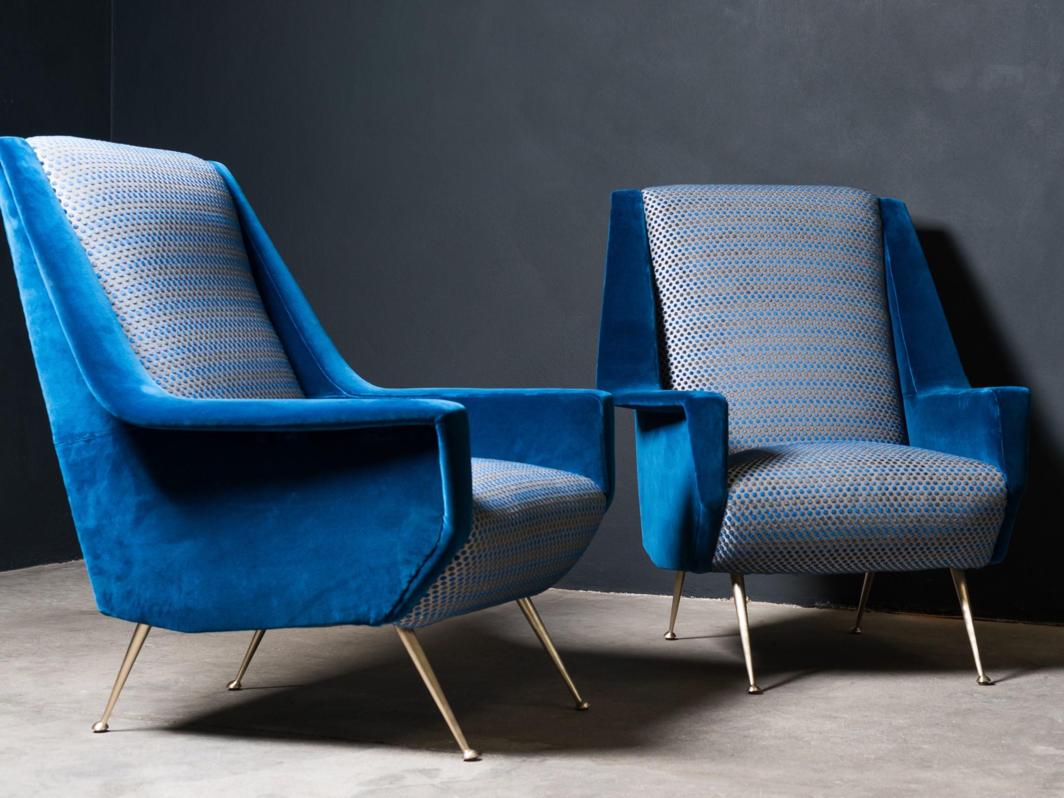Classic pair of Italian lady chairs which have been newly restored and recovered in Gio Ponti design fabric by Rubelli Venezia.
 