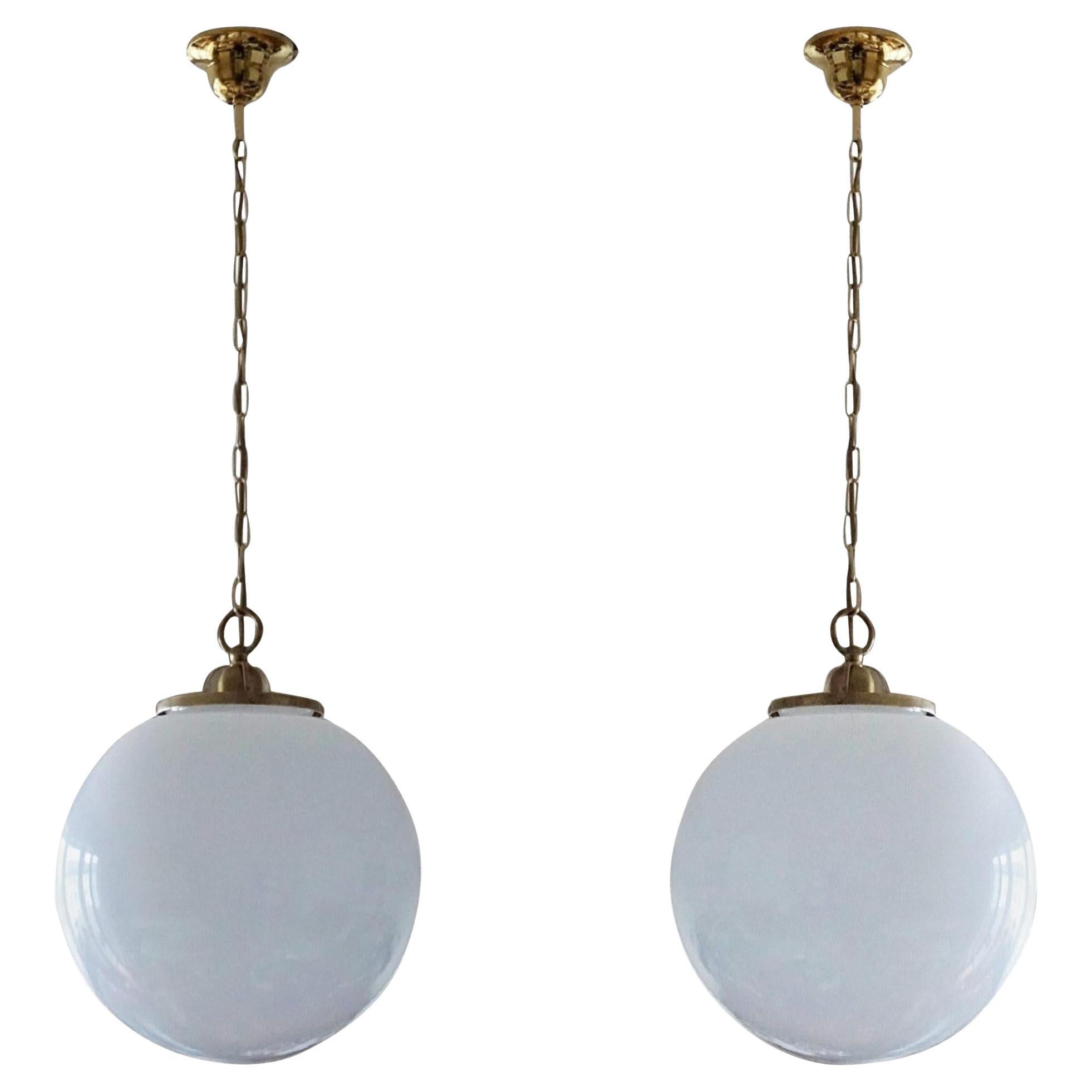 Pair of 1950s Italian Large Blown Opaline Glass Brass Pendants