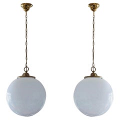 Pair of 1950s Italian Large Blown Opaline Glass Brass Pendants