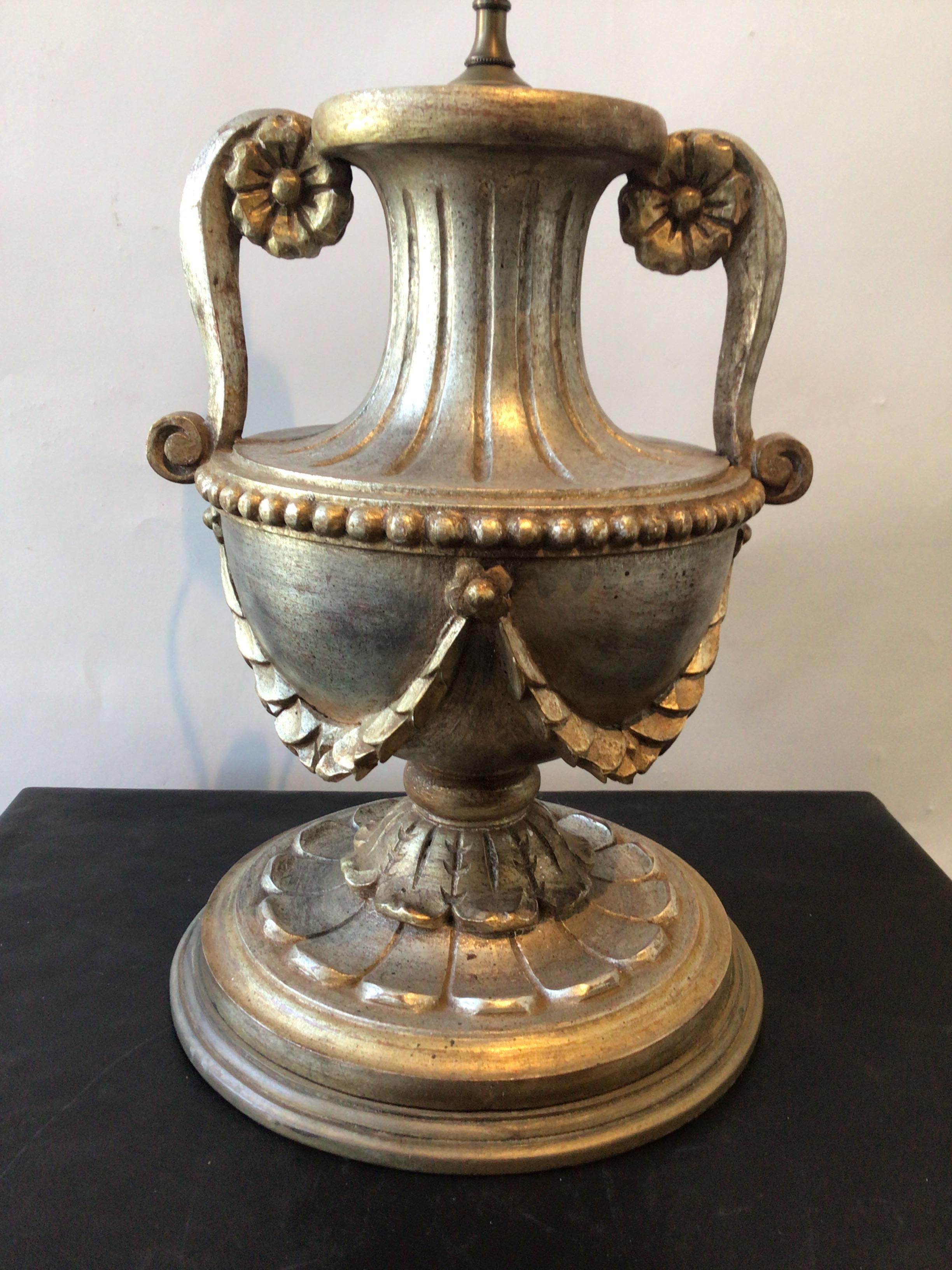 Mid-20th Century Pair of 1950s Italian Large Carved Wood Silver Leaf Urn Lamps For Sale