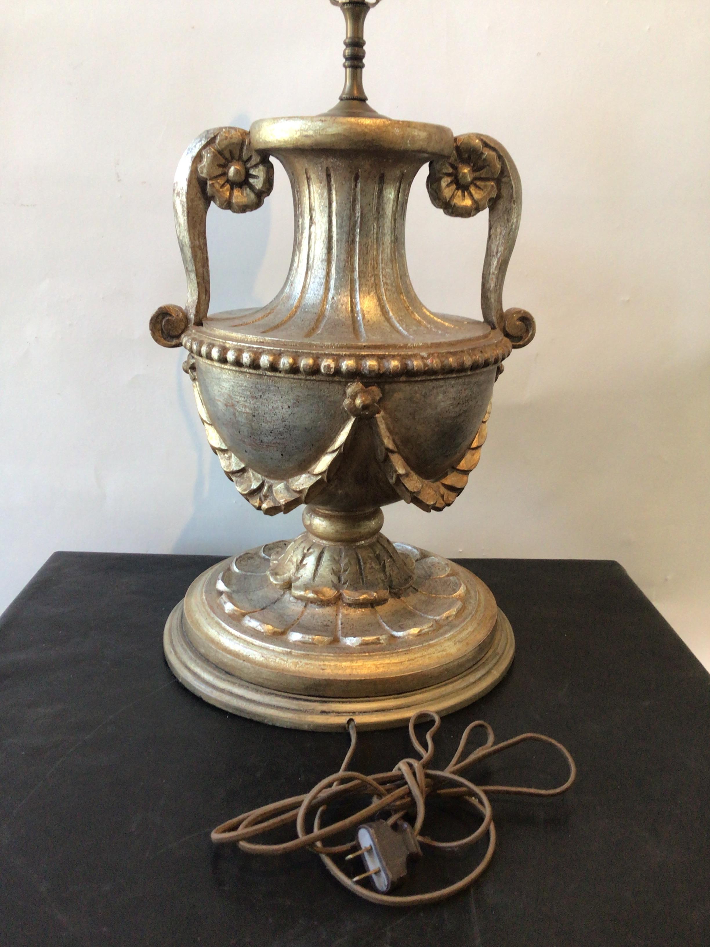 Pair of 1950s Italian Large Carved Wood Silver Leaf Urn Lamps For Sale 2