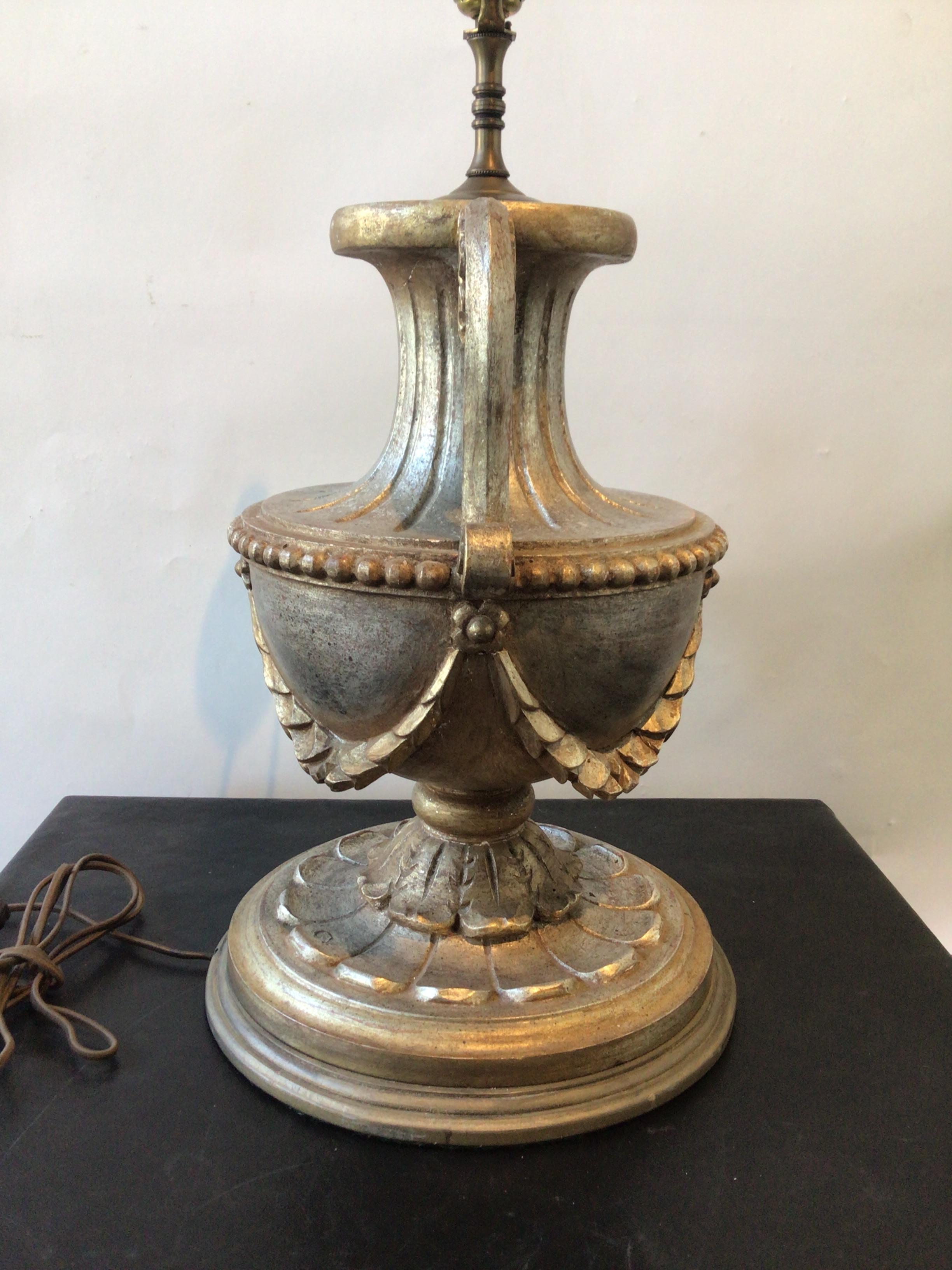 Pair of 1950s Italian Large Carved Wood Silver Leaf Urn Lamps For Sale 3
