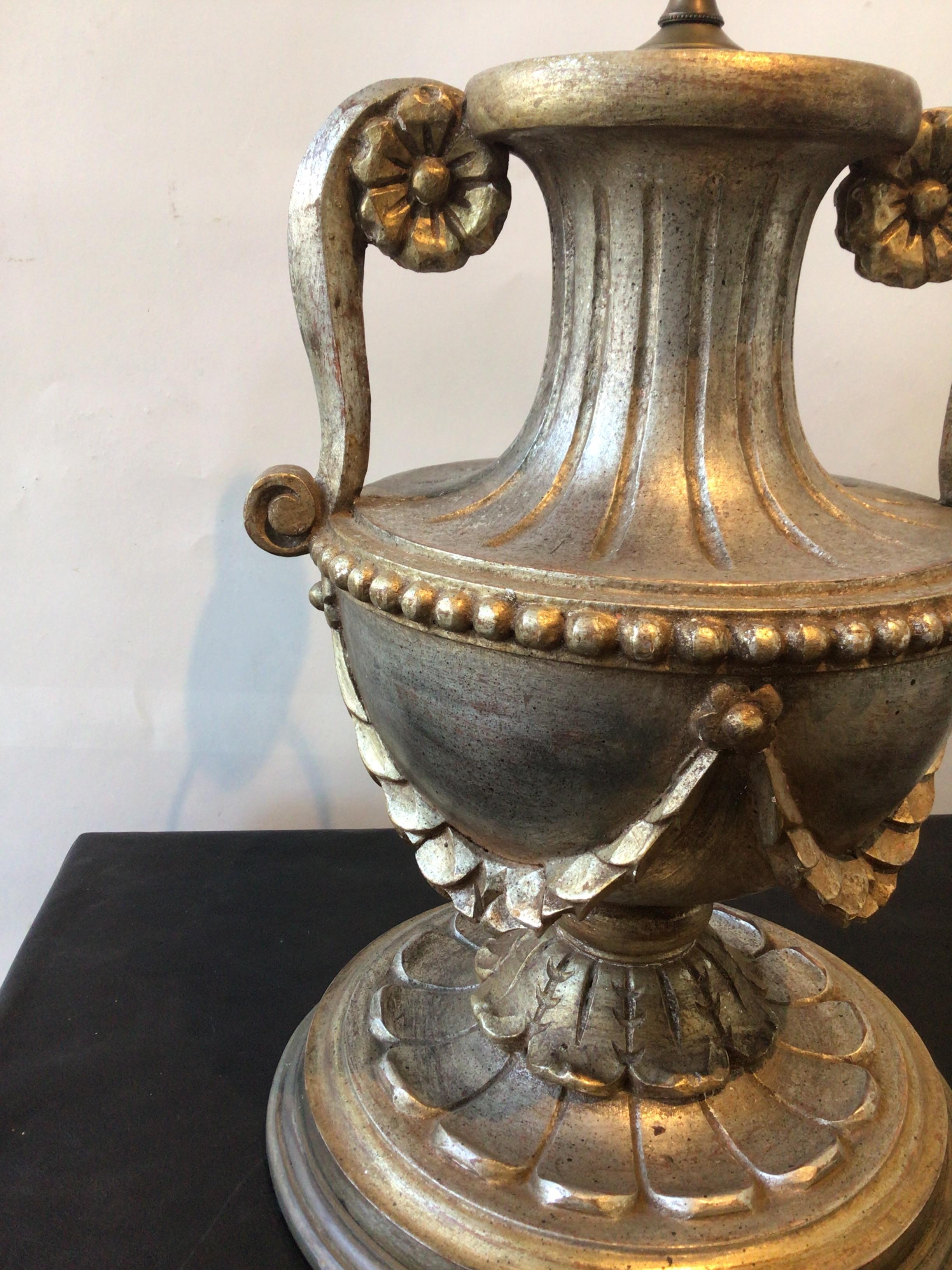 Pair of 1950s Italian Large Carved Wood Silver Leaf Urn Lamps For Sale 5
