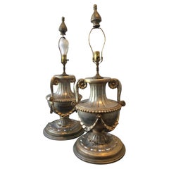 Pair of 1950s Italian Large Carved Wood Silver Leaf Urn Lamps