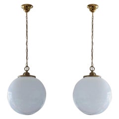 Pair of 1950s Italian Large Hand Blown Opaline Glass Pendants