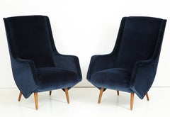 Pair of 1950s Italian Lounge Chairs by ISA Bergamo in Cobalt Blue Velvet