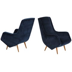 Pair of 1950s Italian Lounge Chairs by ISA Bergamo in Cobalt Blue Velvet