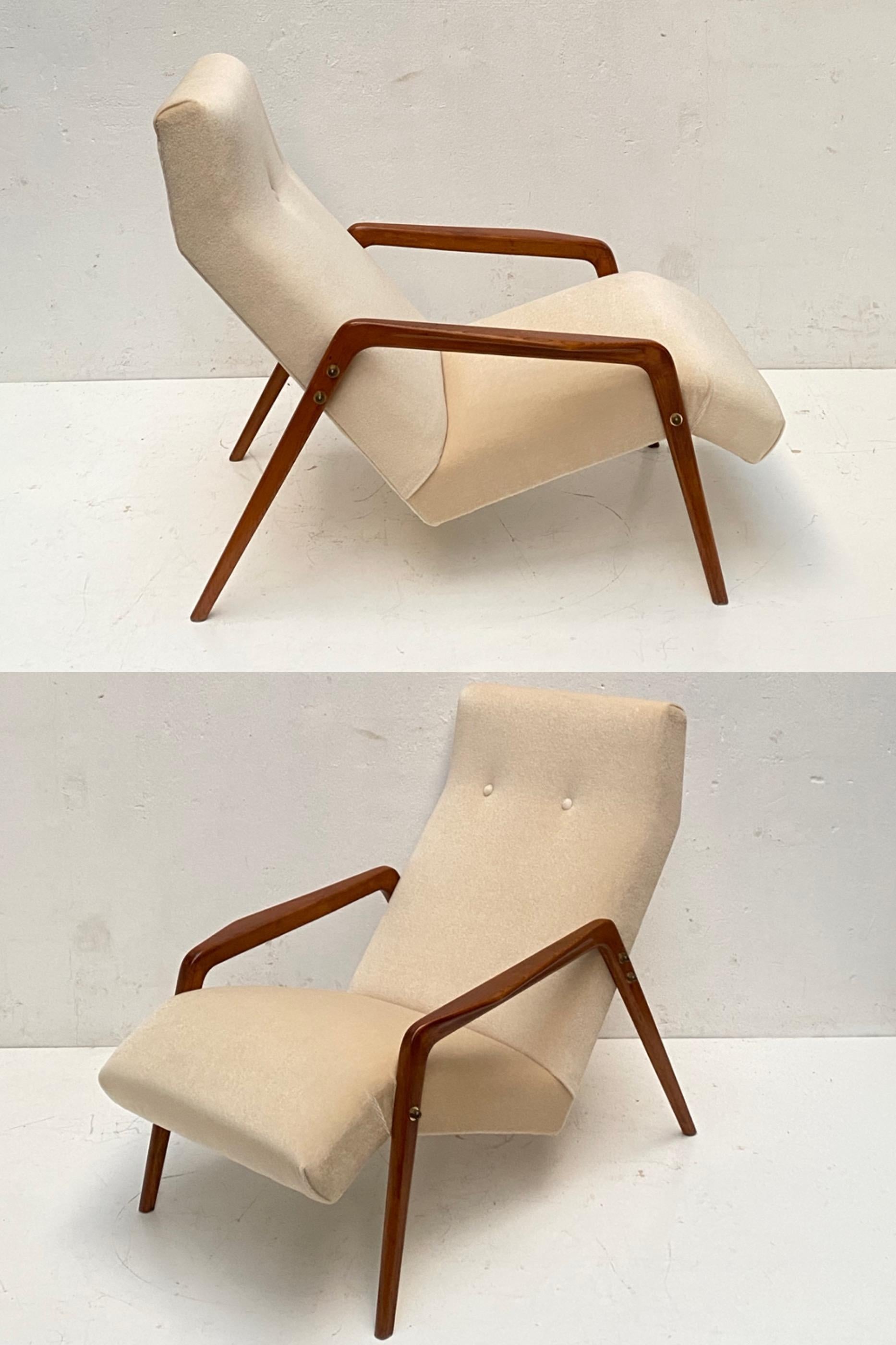 Pair of 1950's Italian Lounge Chairs in Mohair Velvet Restored & New Upholstery! For Sale 9