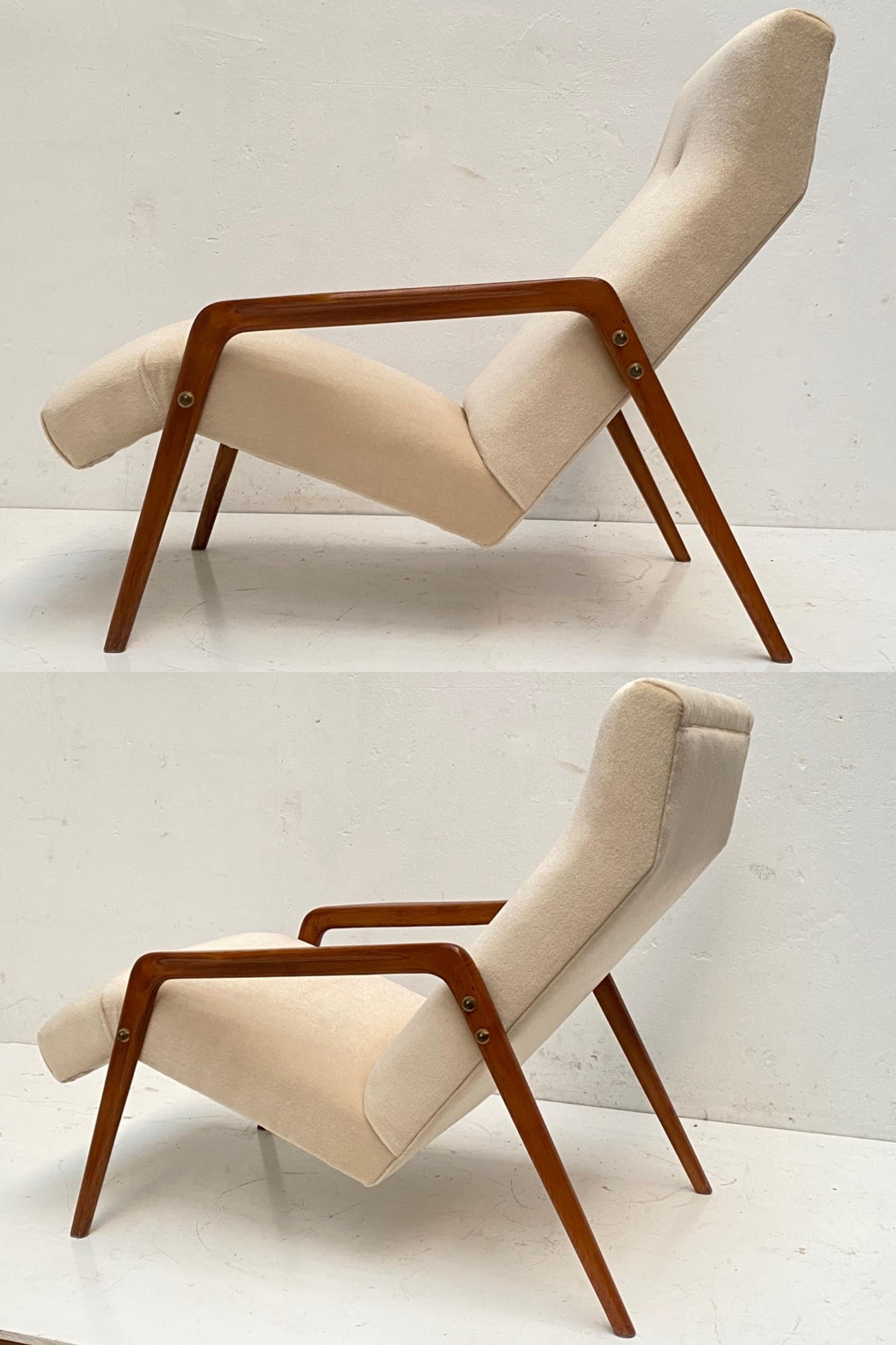 Brass Pair of 1950's Italian Lounge Chairs in Mohair Velvet Restored & New Upholstery! For Sale
