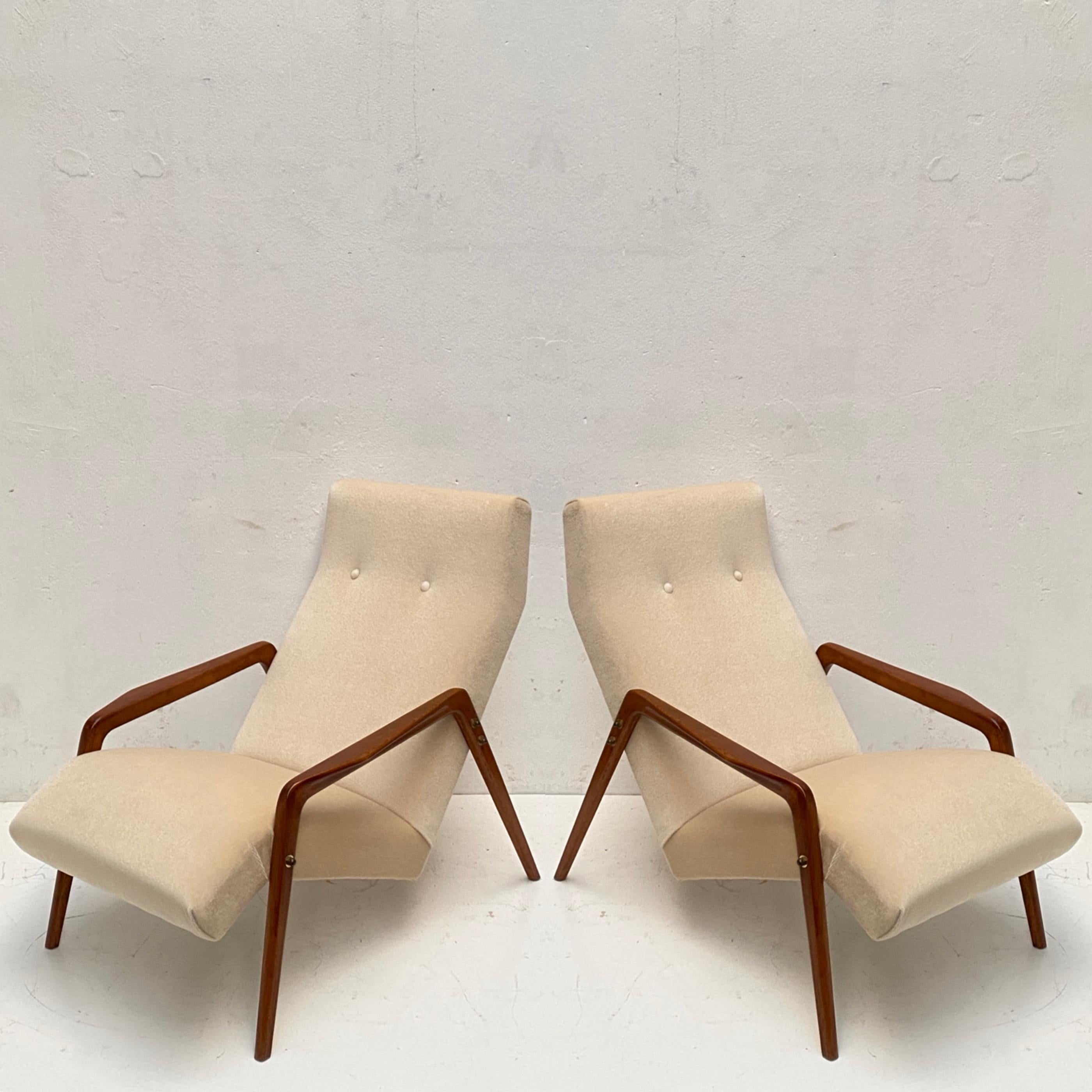 Pair of 1950's Italian Lounge Chairs in Mohair Velvet Restored & New Upholstery! For Sale 3