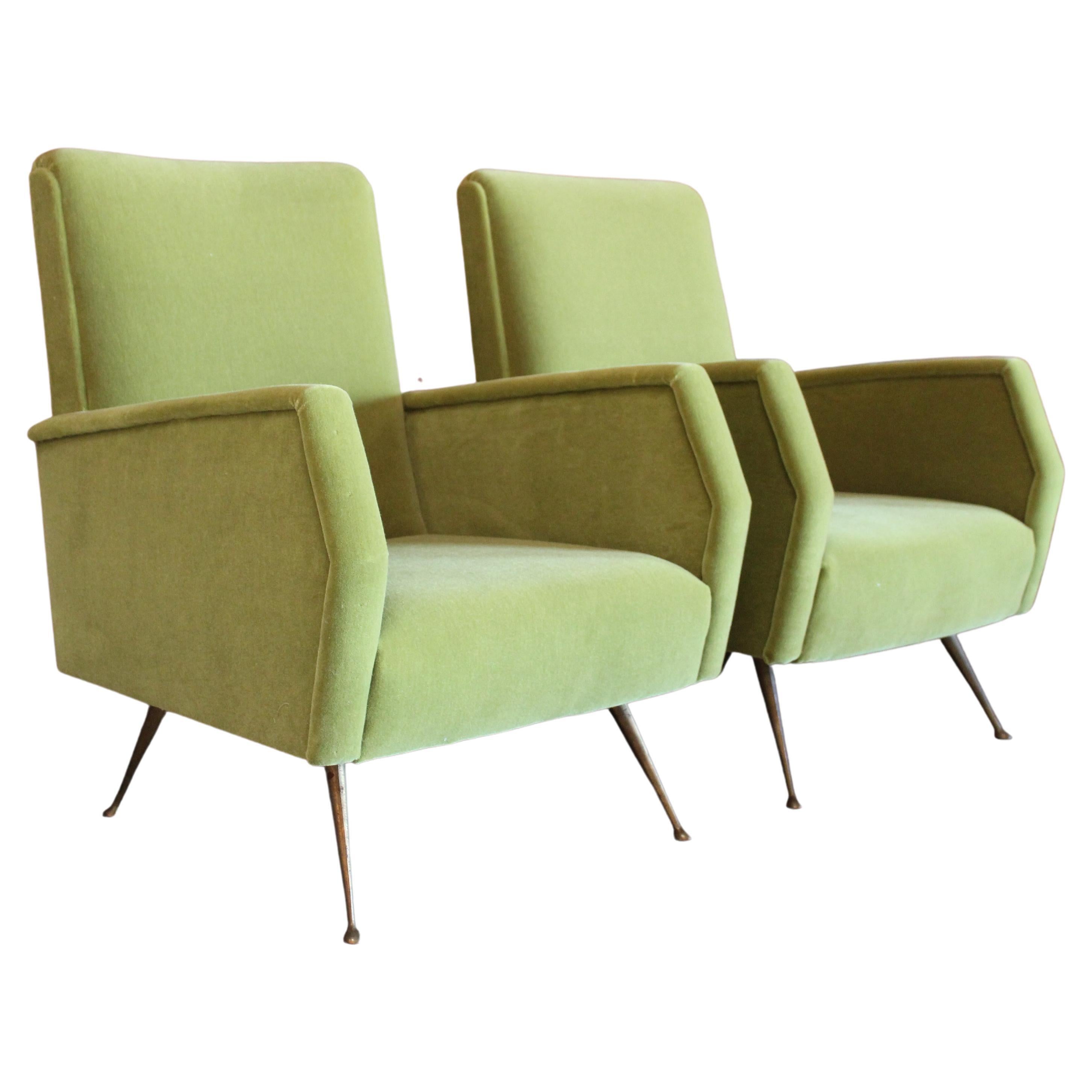 Pair of 1950s Italian Lounge Chairs in New Mohair Upholstery