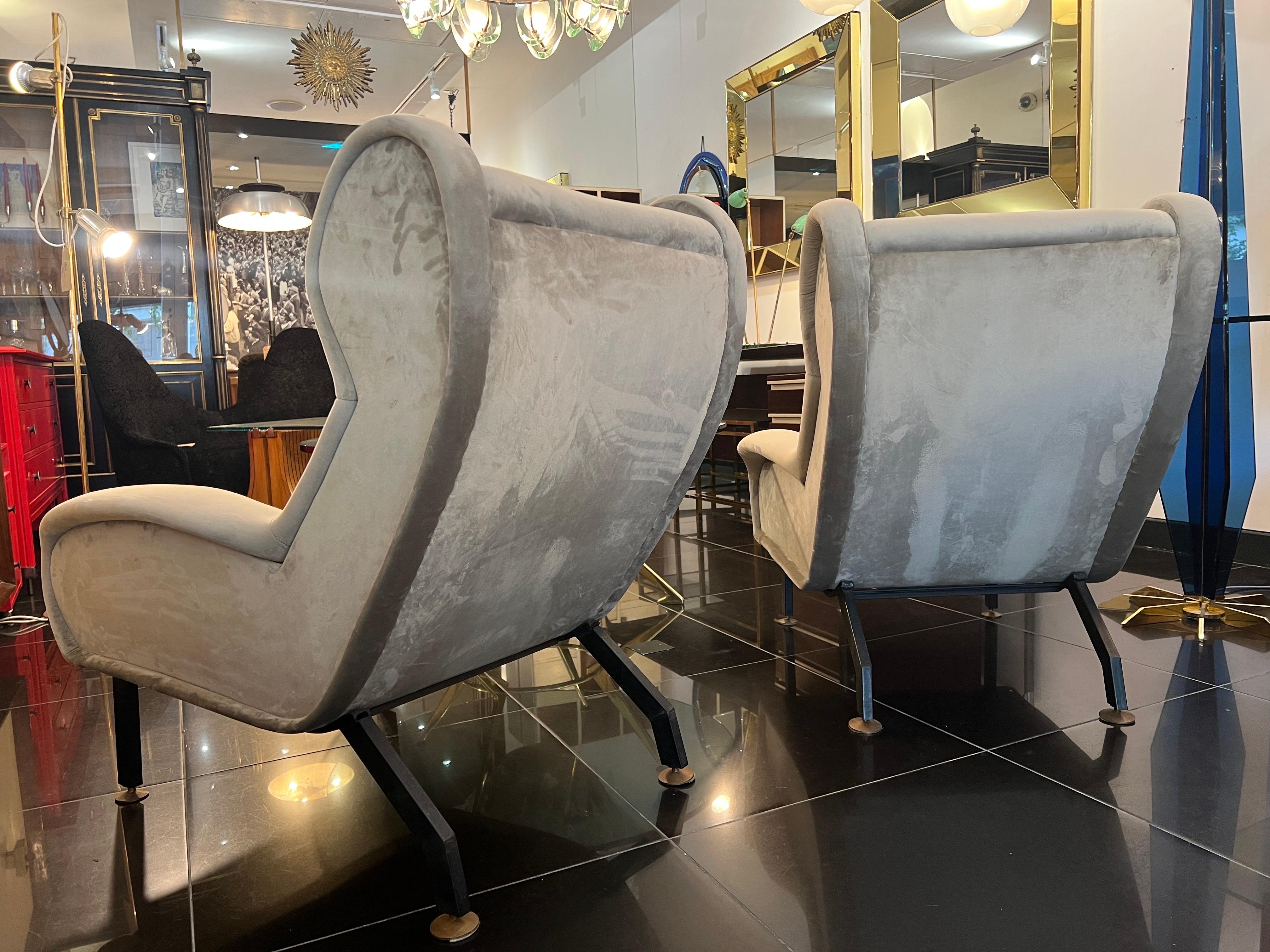 Metal Pair of 1950s Italian Lounge Chairs in Stone Grey Velvet For Sale